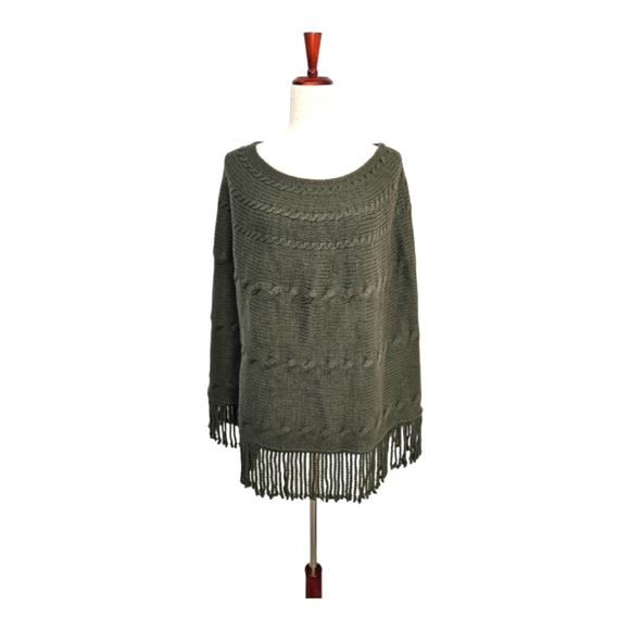 Land's End Chunky Cable Knit Dark Green Wool Blend Poncho Boho Grunge Size S/M - Picture 1 of 6